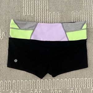 Lululemon Women’s Black Shorts with Lilac & Neon Green Waistband